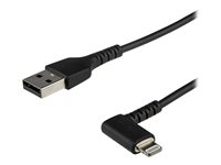 StarTech.com 1m tålig USB-A till Blixtkabel - svart 90° högervinkad, robust aramidfiber USB typ A till Blixtuppladdning/synkron sladd - Apple MFi-certifierad - iPhone - Lightning-kabel - Lightning hane vinklad till USB hane - 1 m - dubbelt skärmad - svart RUSBLTMM1MBR