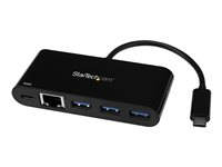 StarTech.com 3-ports USB-C-hubb med Gigabit Ethernet och 60 W strömförsörjning Pass-through laddning av bärbar dator - USB-C till 3x USB-A (USB 3.0 SuperSpeed 5 Gbps) - USB 3.1/3.2 Gen 1 Type-C adapterhubb - Hubb - 3 x SuperSpeed USB 3.0 + 1 x 10/100/1000 - skrivbordsmodell HB30C3AGEPD