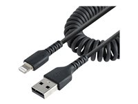 StarTech.com 50 cm USB till Lightning-kabel, MFi-certifierad, iPhone-laddarkabel, svart, TPE-mantel med slitstark aramidfiber, kraftig Lightning-spiralkabel - Lightning-kabel - USB hane till Lightning hane - 50 cm - svart - lindad RUSB2ALT50CMBC